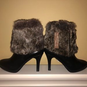 3” heel leather boots with rabbit fur trim